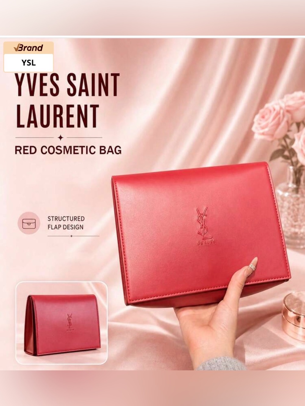 New Arrivals! Yves Saint Laurent Pink-Red Structured Flap Cosmetic Pouch